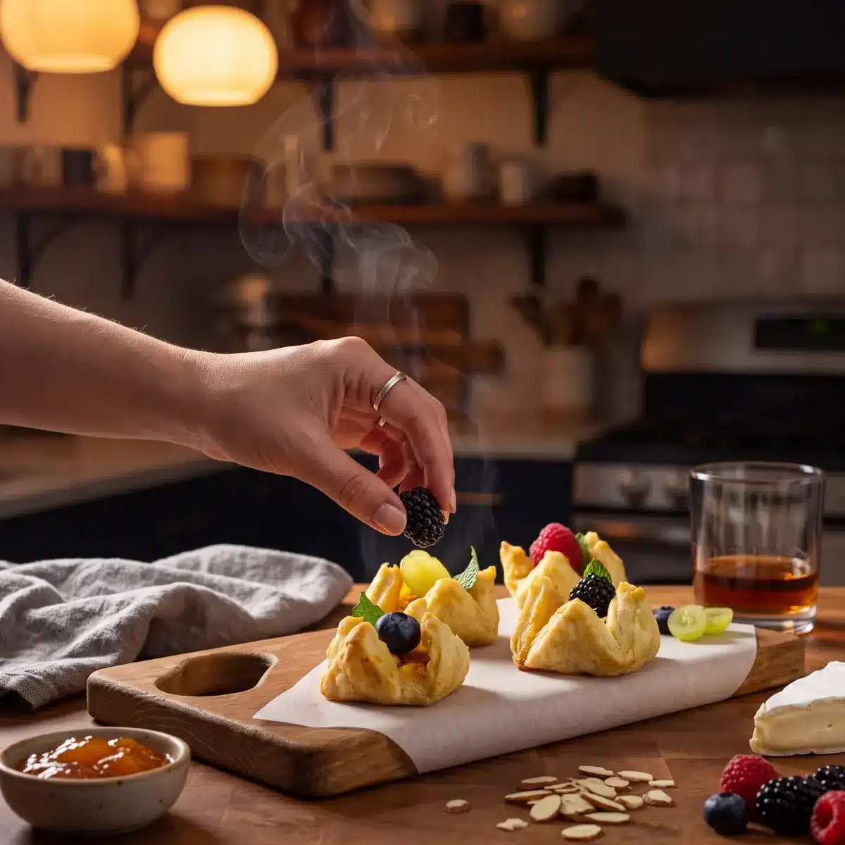 Bourbon Brie Puff Pastry on a kitchen counter with a bottle of Garrison Brothers Small Batch Bourbon