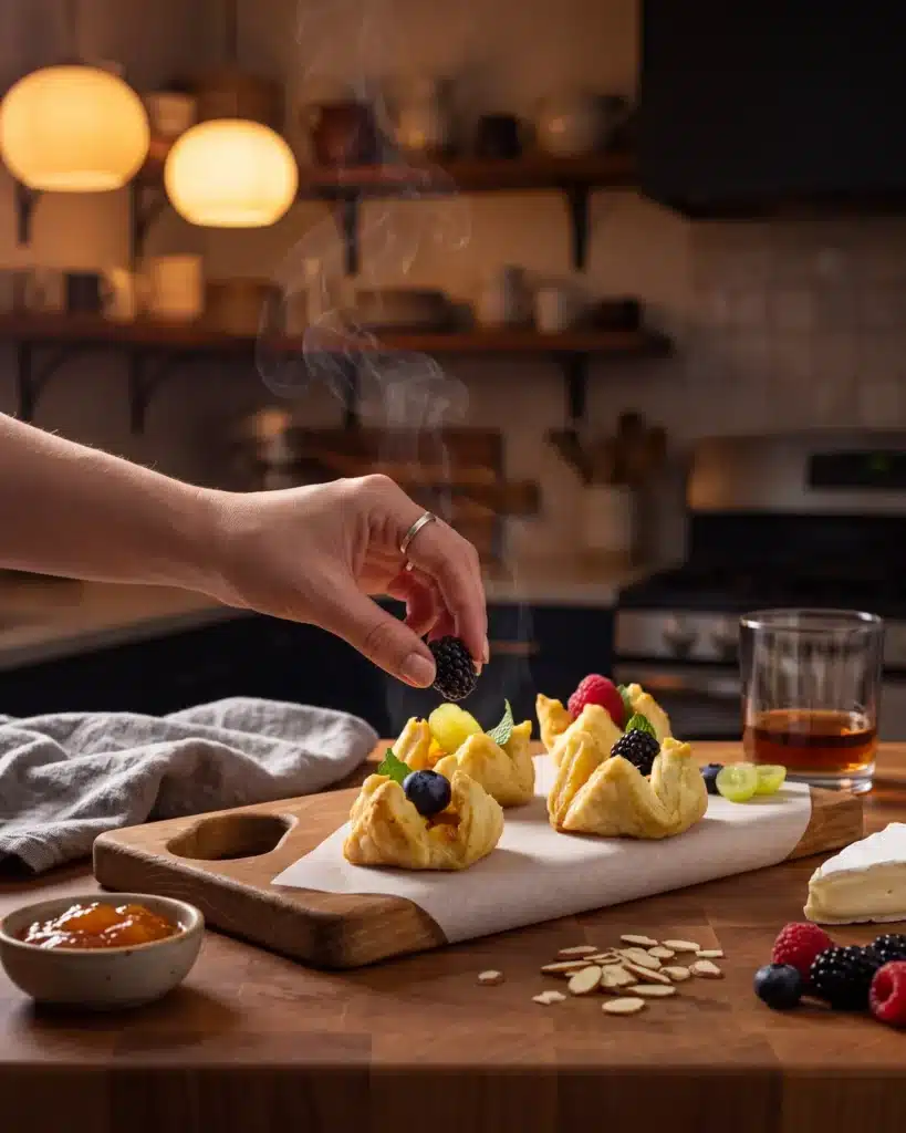 Bourbon Brie Puff Pastry on a kitchen counter with a bottle of Garrison Brothers Small Batch Bourbon