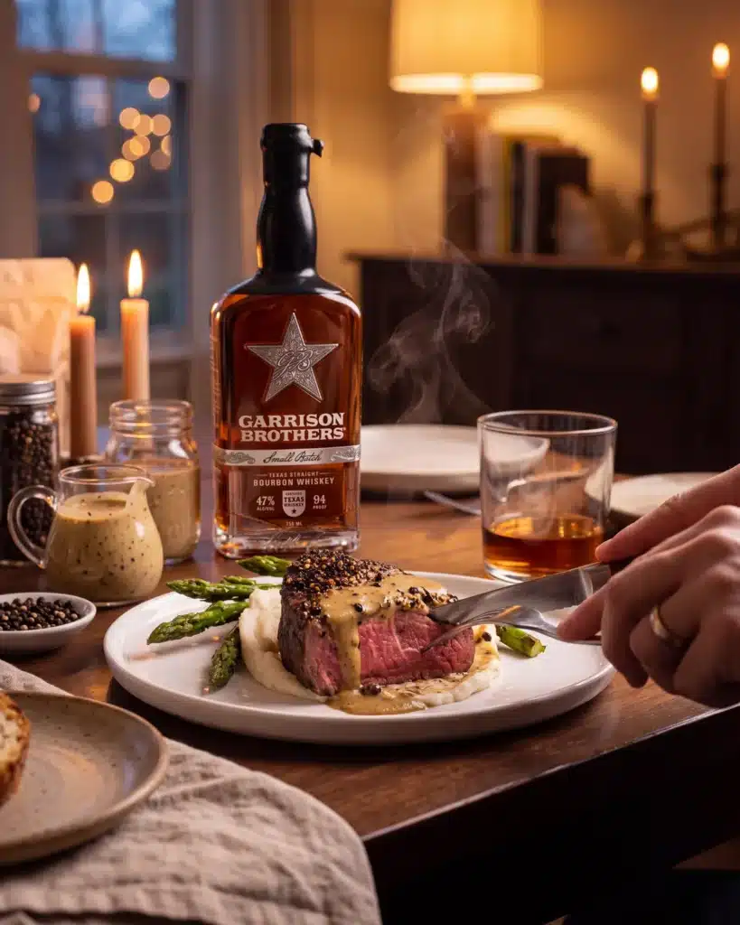 Bourbon Fillet Au Poivre on a dining table with a bottle of Garrison Brothers Small Batch Bourbon