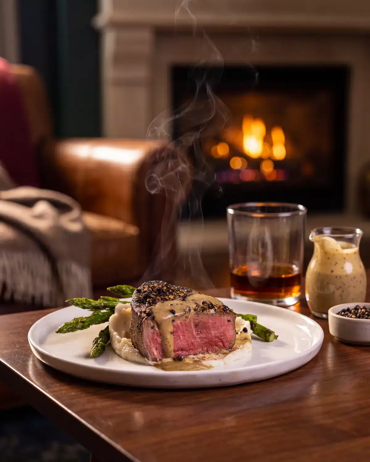 Bourbon Fillet Au Poivre by a stone fireplace with a bottle of Garrison Brothers Small Batch Bourbon
