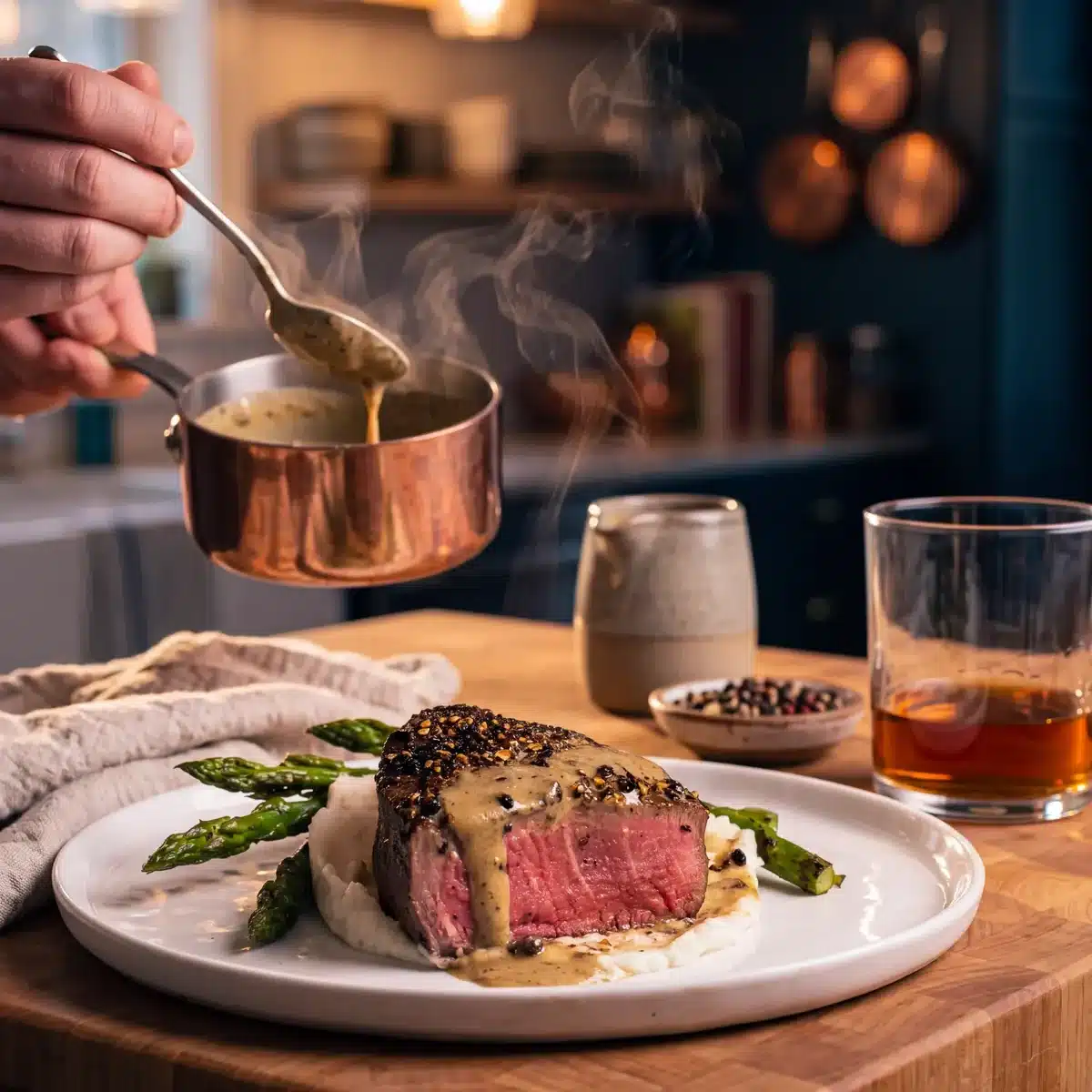 Bourbon Fillet Au Poivre on a kitchen counter with a bottle of Garrison Brothers Small Batch Bourbon