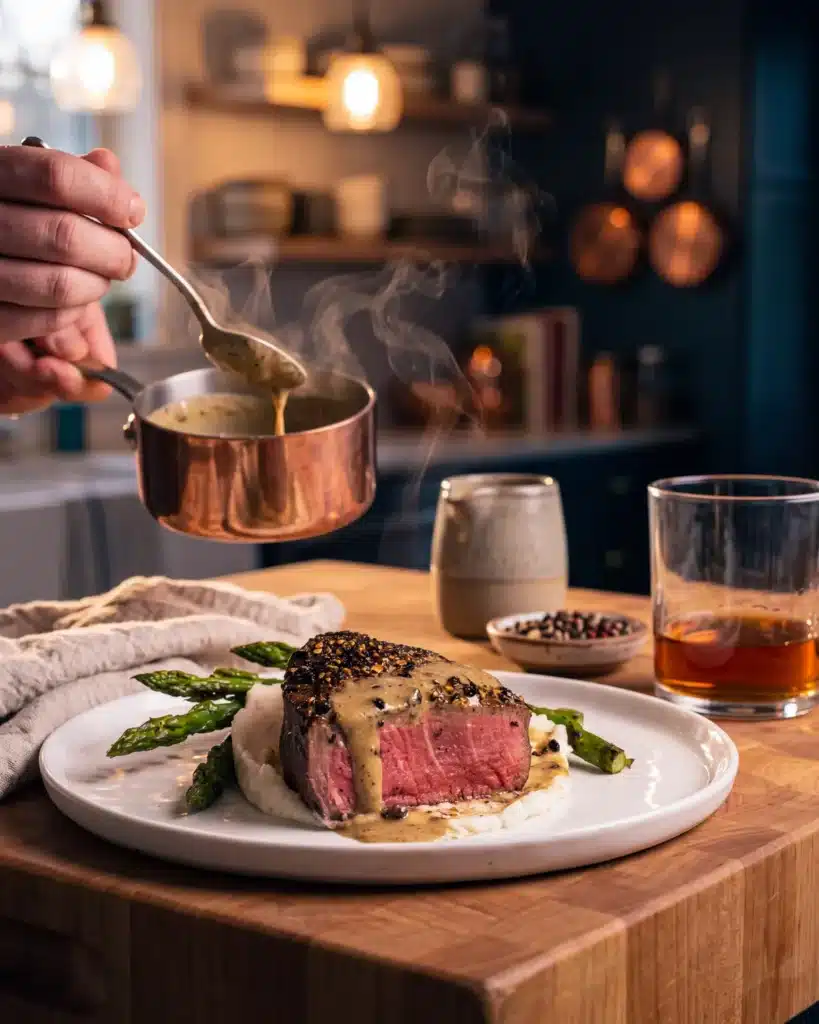 Bourbon Fillet Au Poivre on a kitchen counter with a bottle of Garrison Brothers Small Batch Bourbon