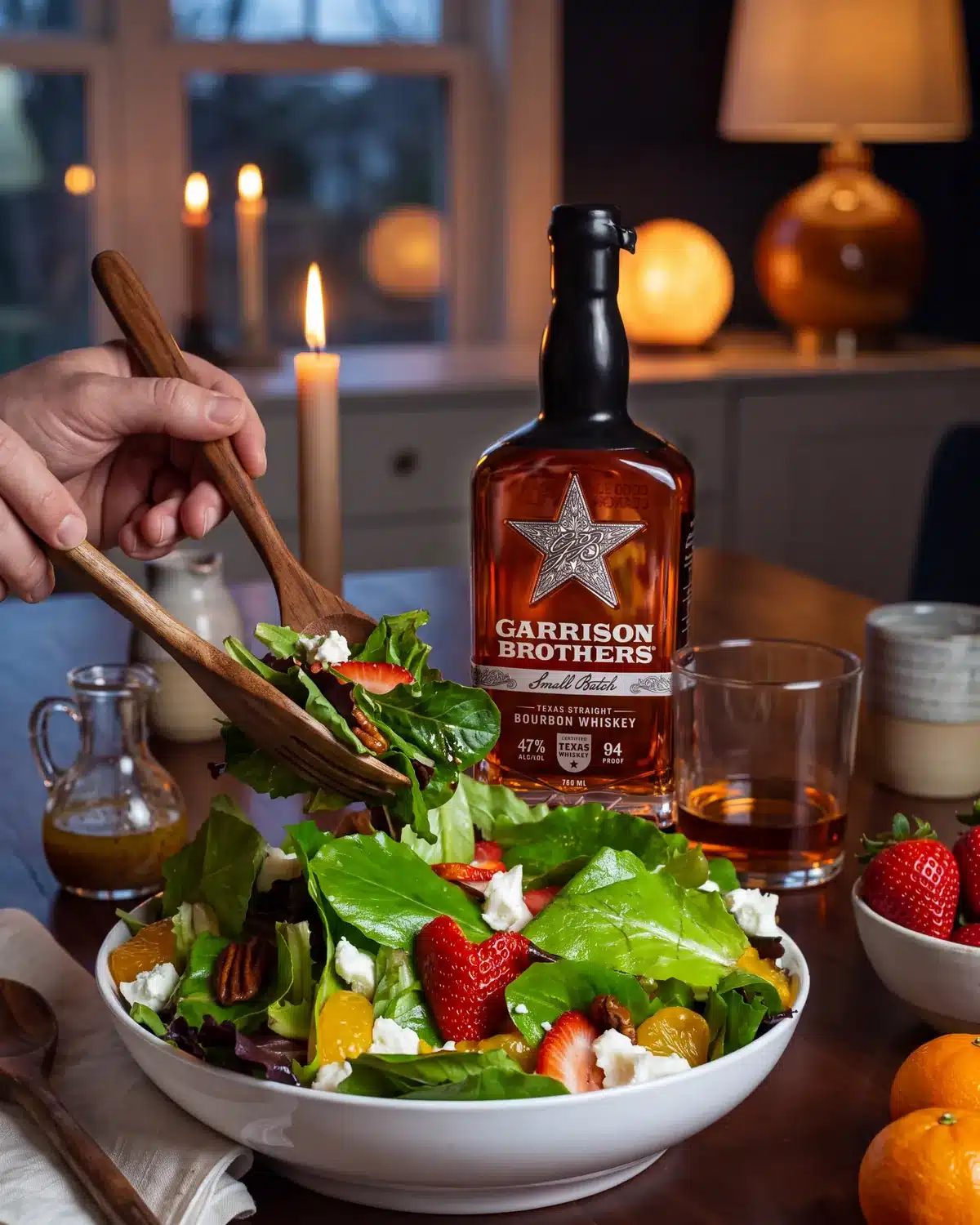 Old Fashioned Sweetheart Salad on a dining table with a bottle of Garrison Brothers Small Batch Bourbon