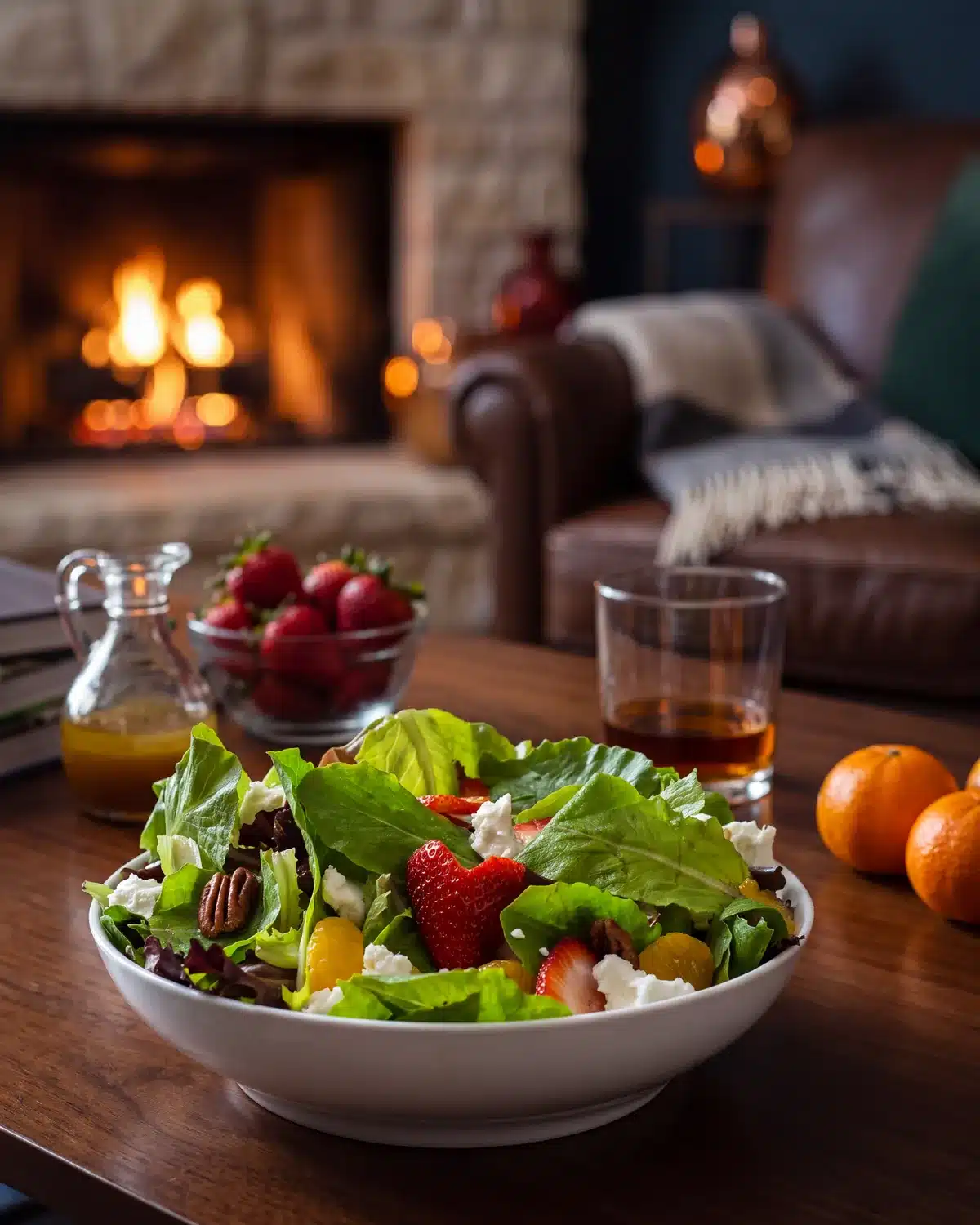Old Fashioned Sweetheart Salad by a stone fireplace with a bottle of Garrison Brothers Small Batch Bourbon