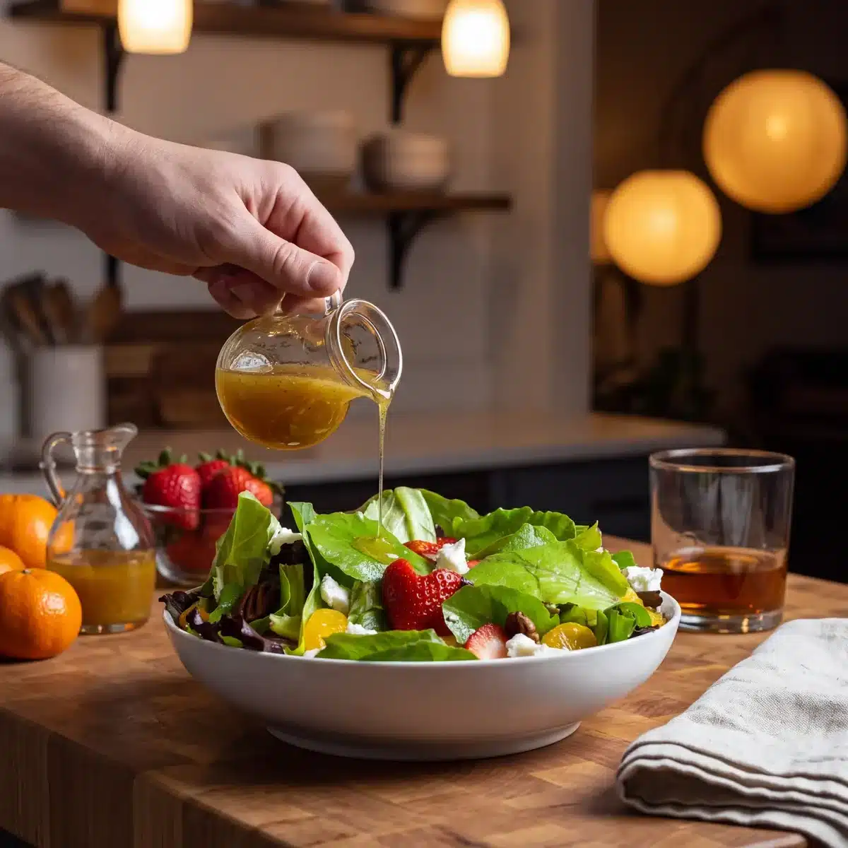 Old Fashioned Sweetheart Salad on a kitchen counter with a bottle of Garrison Brothers Small Batch Bourbon