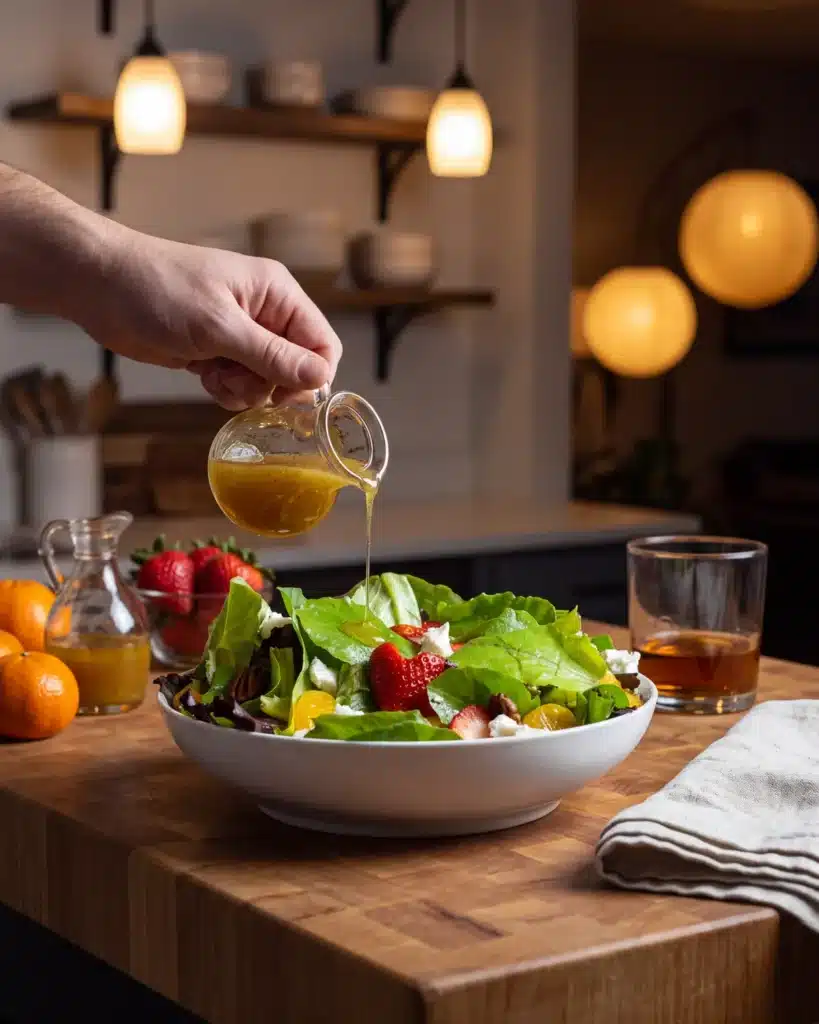 Old Fashioned Sweetheart Salad on a kitchen counter with a bottle of Garrison Brothers Small Batch Bourbon