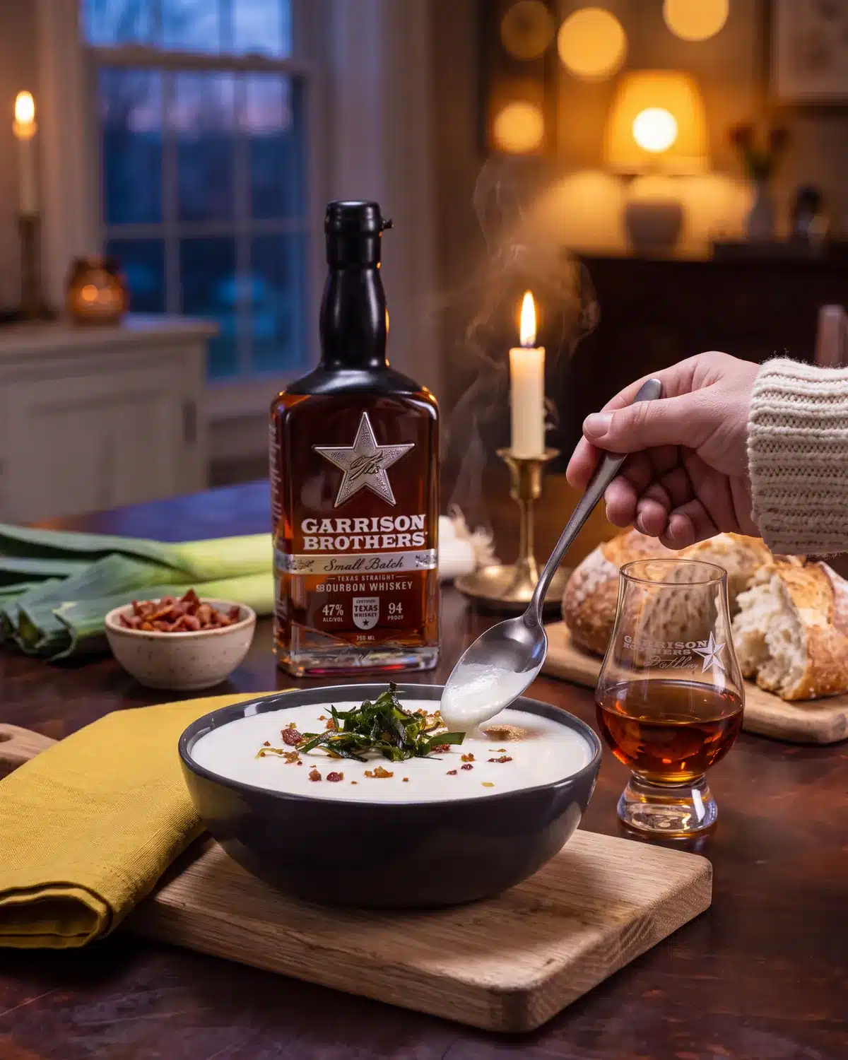 Bourbon Potato Leek Soup on a dining table with a bottle of Garrison Brothers Small Batch Bourbon