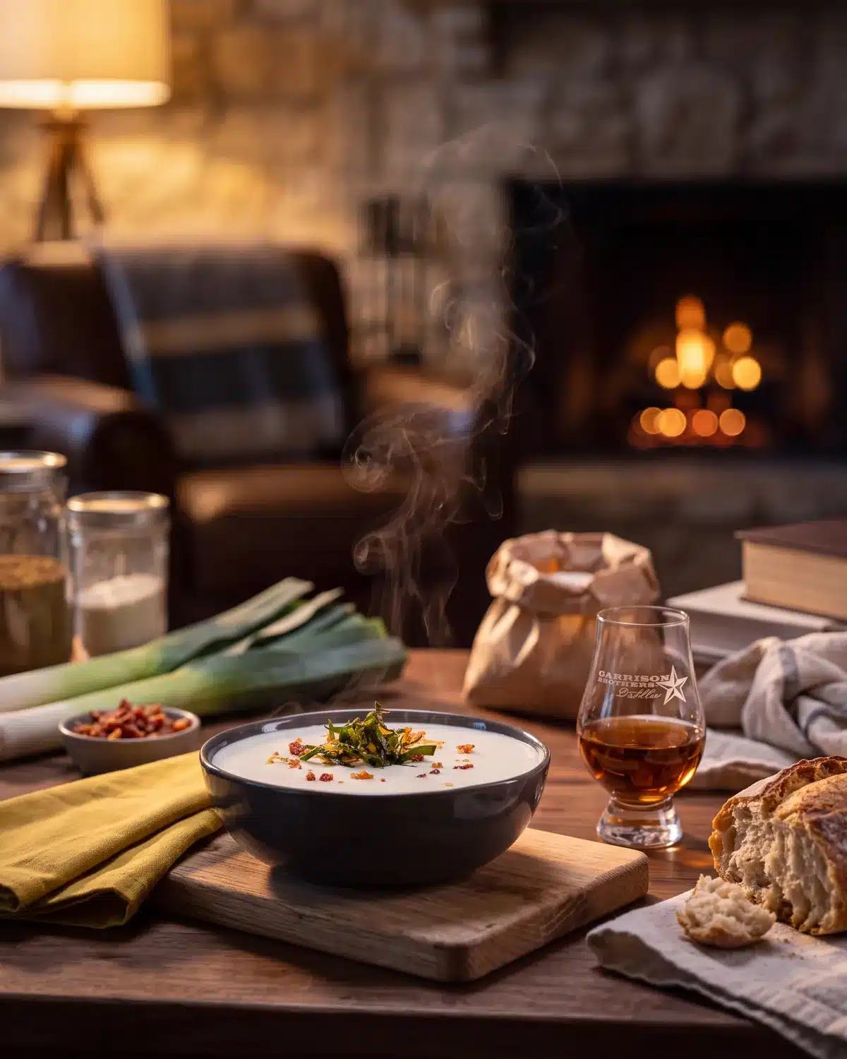 Bourbon Potato Leek Soup by a stone fireplace with a bottle of Garrison Brothers Small Batch Bourbon