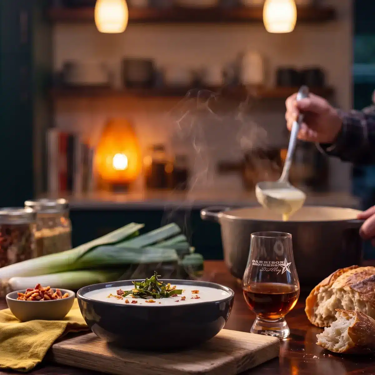 Bourbon Potato Leek Soup on a kitchen counter with a bottle of Garrison Brothers Small Batch Bourbon