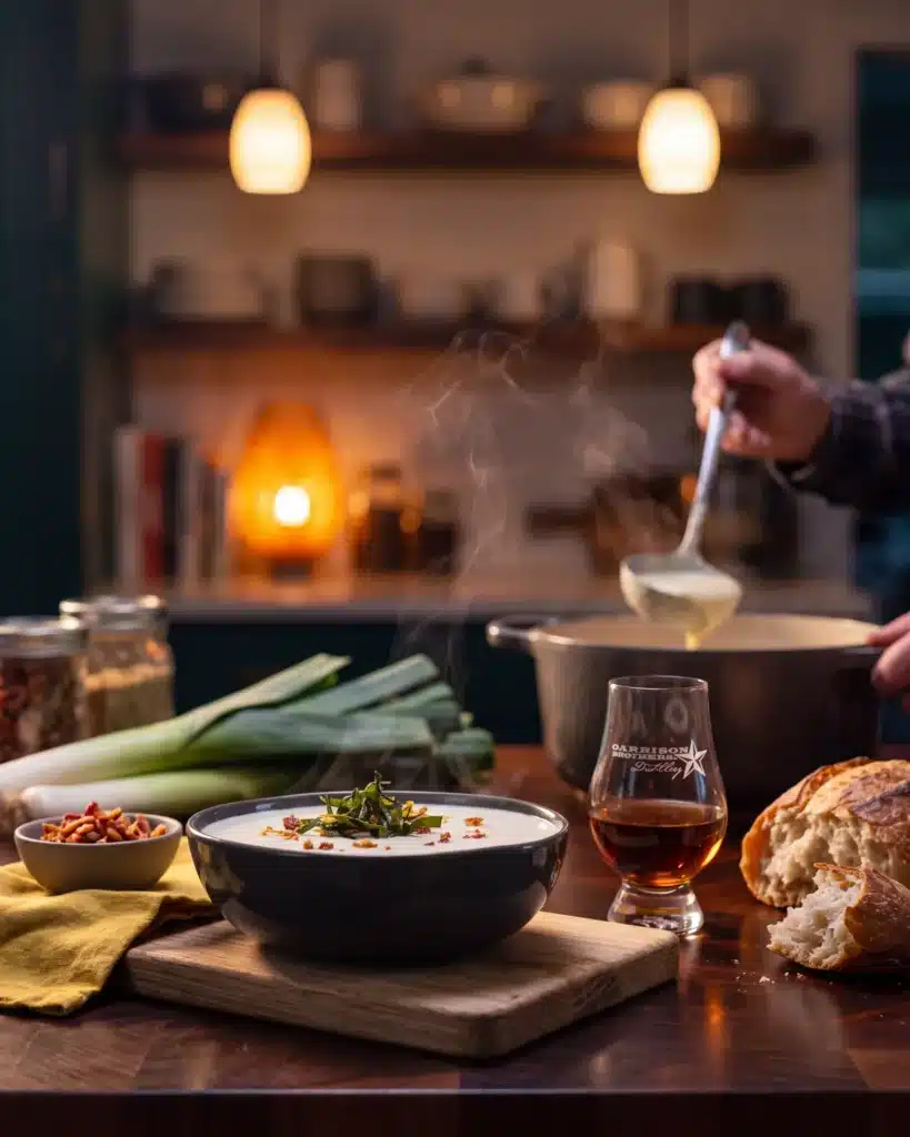 Bourbon Potato Leek Soup on a kitchen counter with a bottle of Garrison Brothers Small Batch Bourbon
