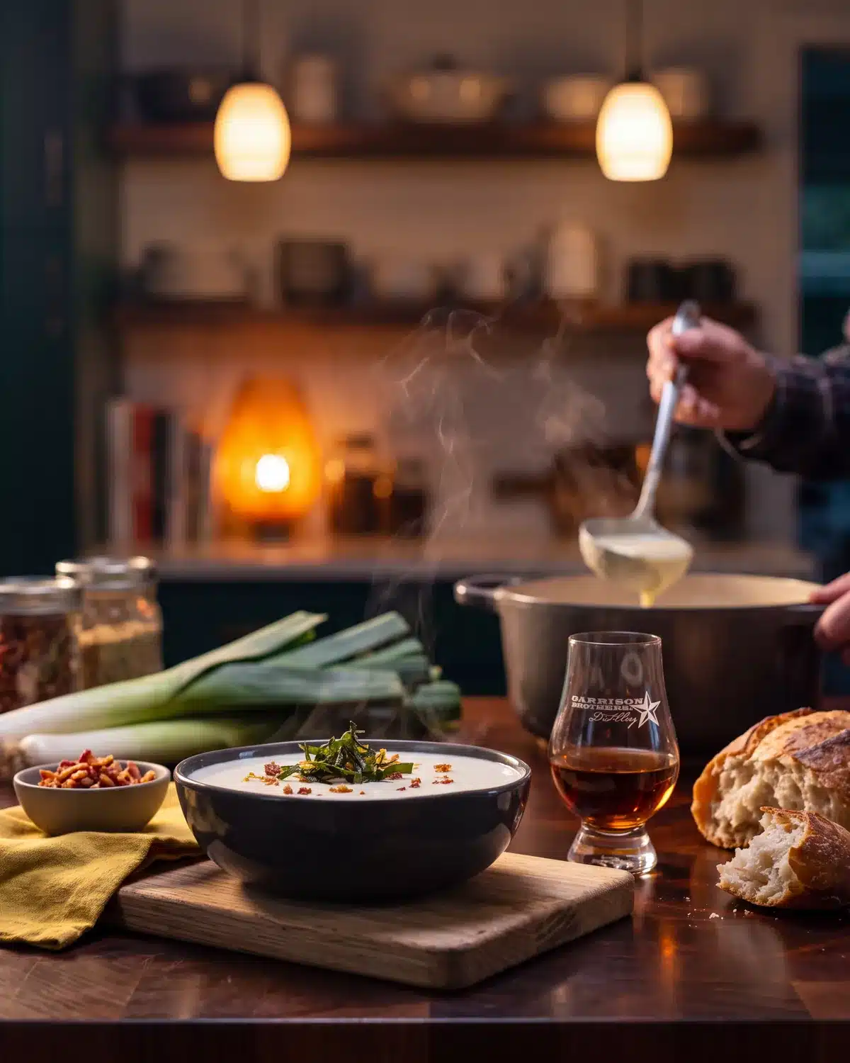 Bourbon Potato Leek Soup on a kitchen counter with a bottle of Garrison Brothers Small Batch Bourbon