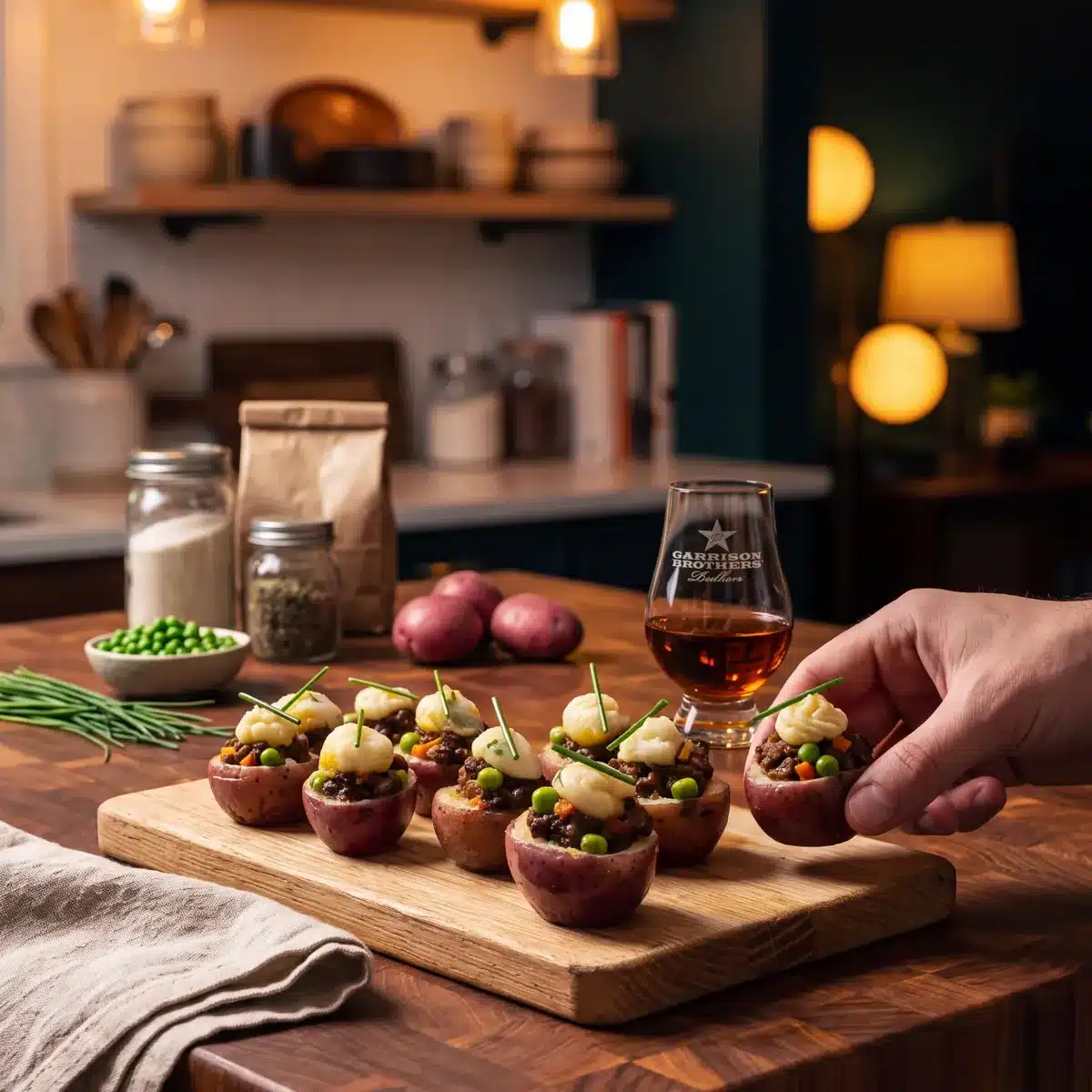 Bourbon Shepherd’s Pie Bites on a kitchen counter with a bottle of Garrison Brothers Small Batch Bourbon
