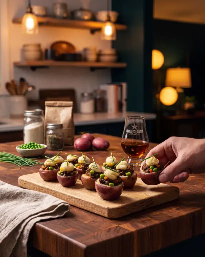 Bourbon Shepherd’s Pie Bites on a kitchen counter with a bottle of Garrison Brothers Small Batch Bourbon