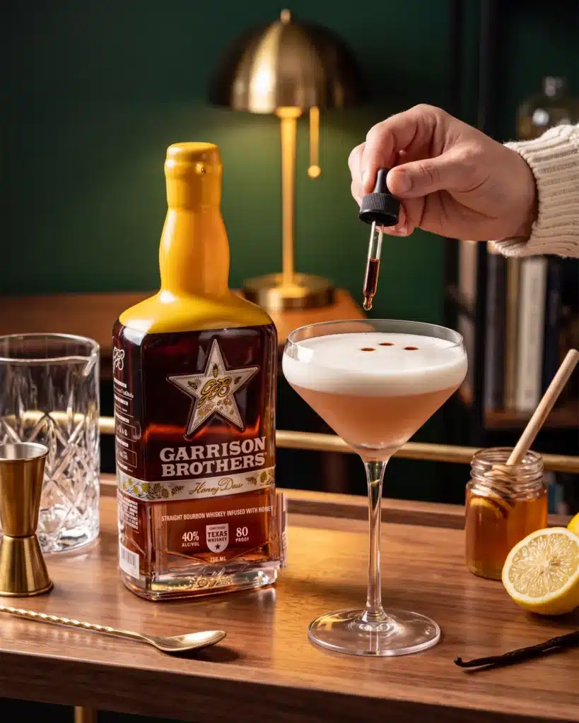 The Humble Bumble bourbon cocktail on a home bar cart with a bottle of Garrison Brothers HoneyDew Bourbon