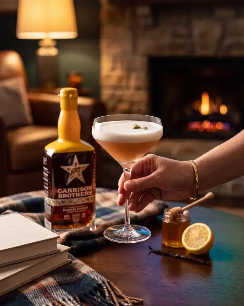 The Humble Bumble bourbon cocktail by a stone fireplace with a bottle of Garrison Brothers HoneyDew Bourbon