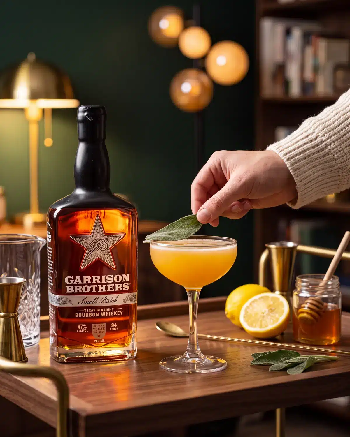 Bee's Knees bourbon cocktail on a home bar cart with a bottle of Garrison Brothers Small Batch Bourbon