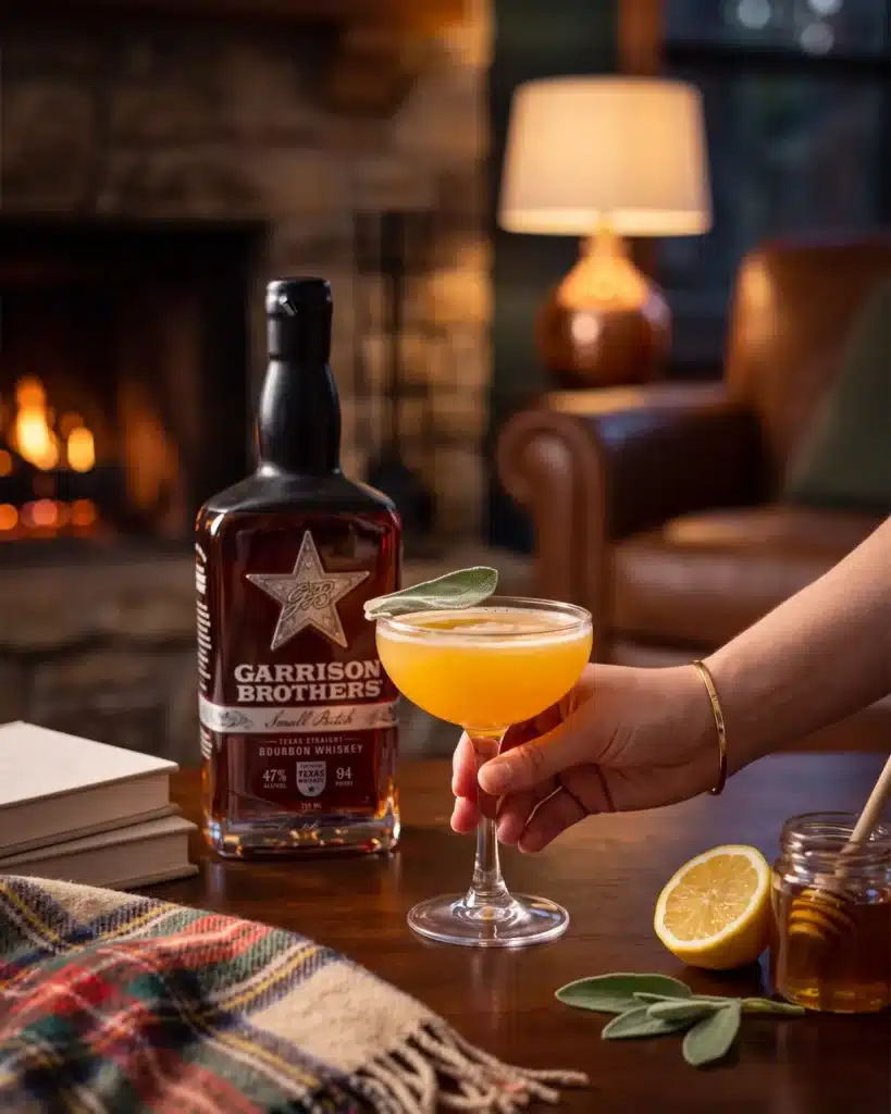 Bee's Knees bourbon cocktail by a stone fireplace with a bottle of Garrison Brothers Small Batch Bourbon