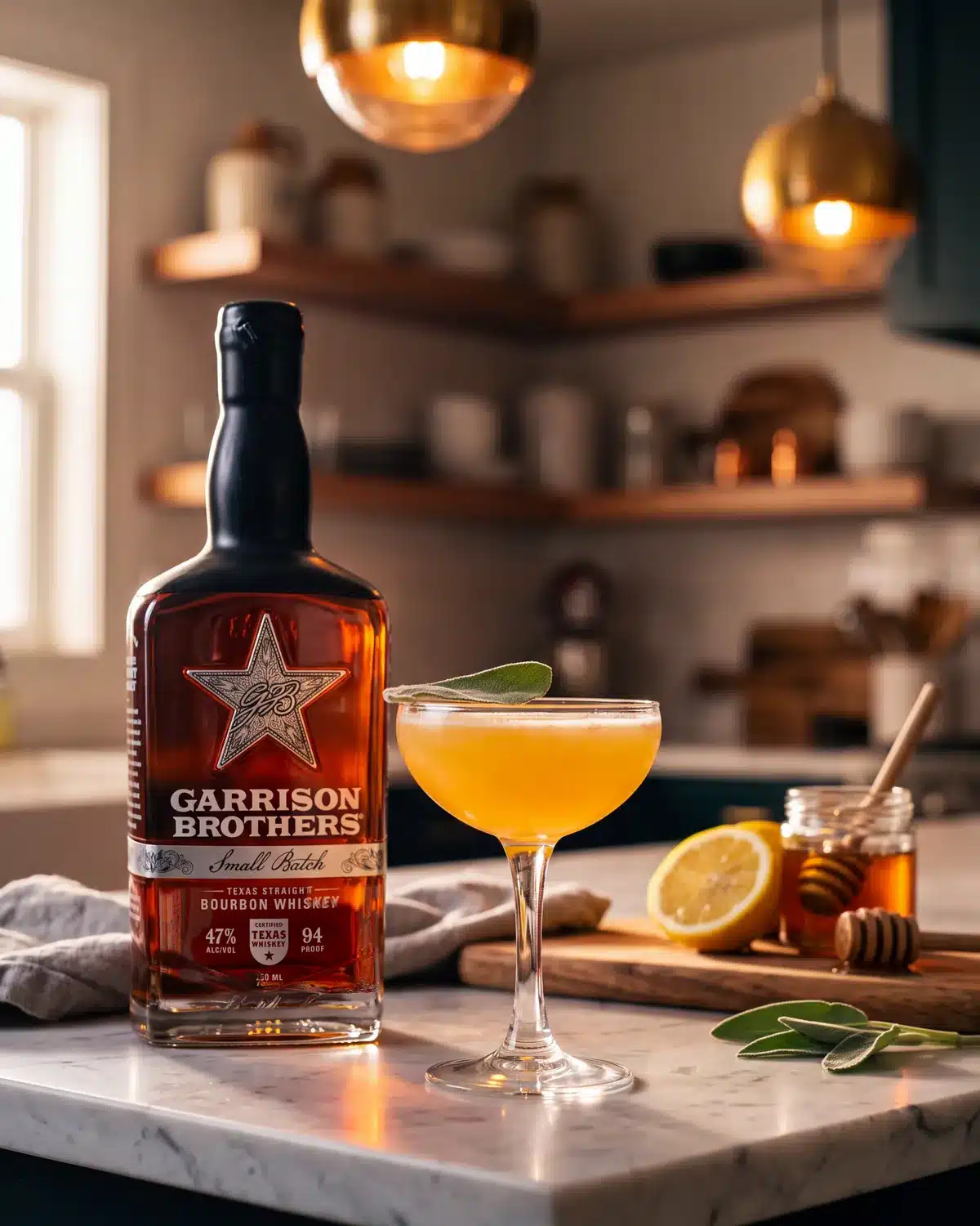 Bee's Knees bourbon cocktail on a kitchen counter with a bottle of Garrison Brothers Small Batch Bourbon