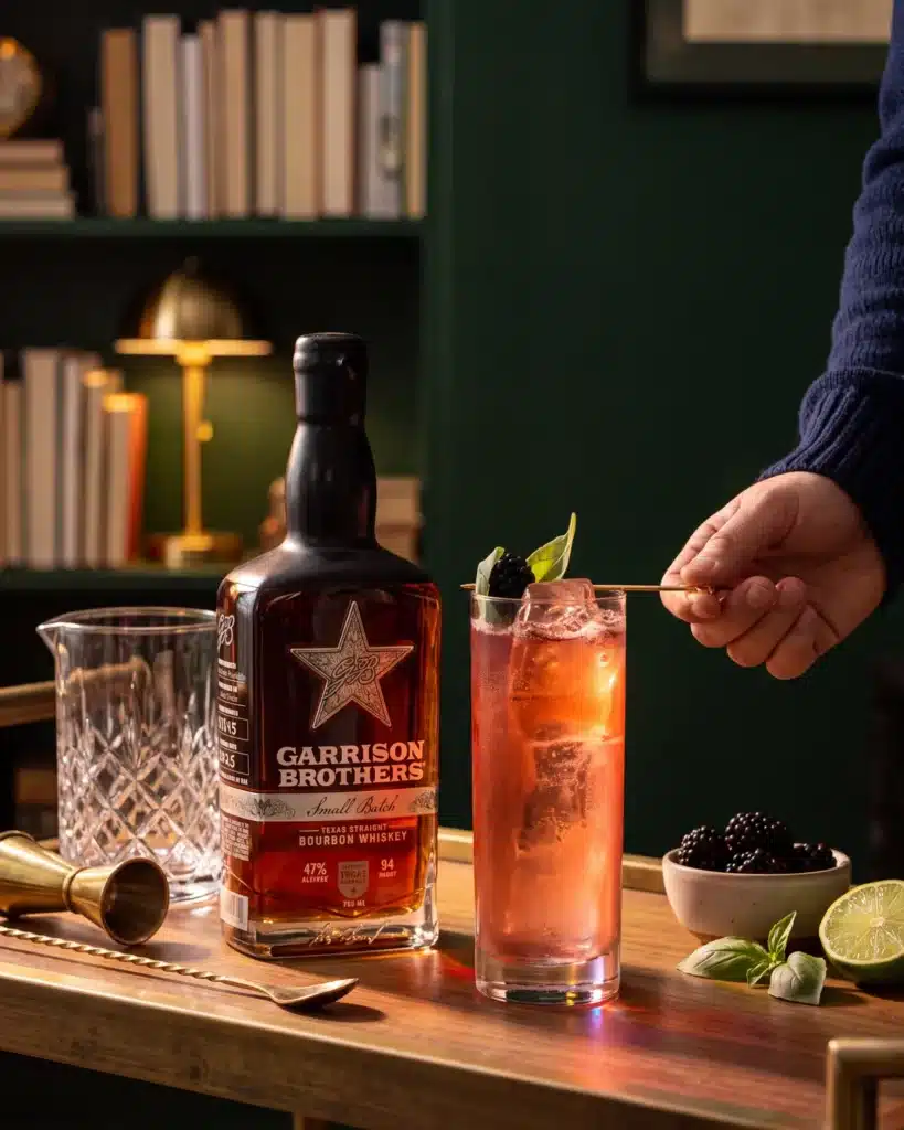 Blackberry Smash bourbon cocktail on a home bar cart with a bottle of Garrison Brothers Small Batch Bourbon