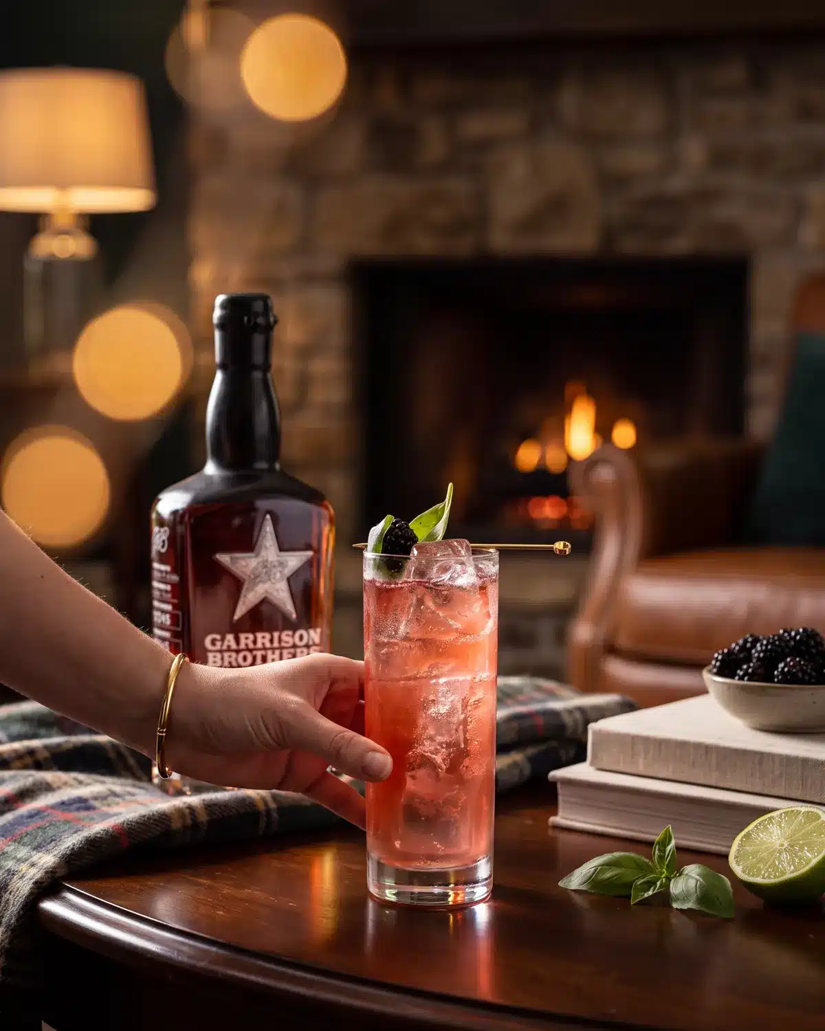 Blackberry Smash bourbon cocktail by a stone fireplace with a bottle of Garrison Brothers Small Batch Bourbon