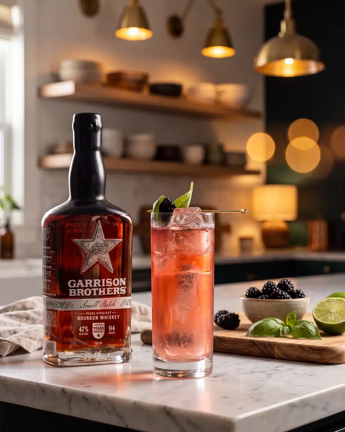 Blackberry Smash bourbon cocktail on a kitchen counter with a bottle of Garrison Brothers Small Batch Bourbon