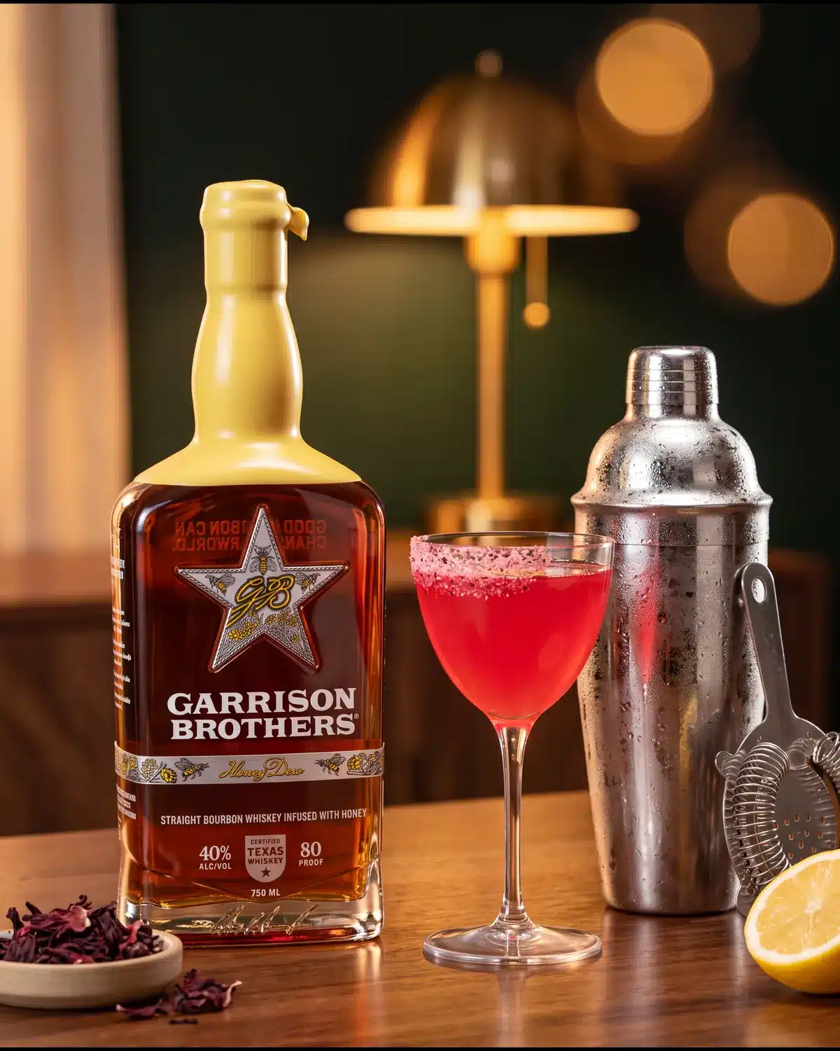 Born to Bee Wild bourbon cocktail on a home bar cart with a bottle of Garrison Brothers HoneyDew Bourbon