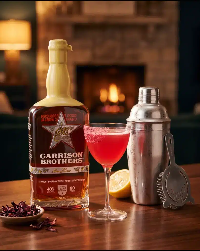 Born to Bee Wild bourbon cocktail by a stone fireplace with a bottle of Garrison Brothers HoneyDew Bourbon