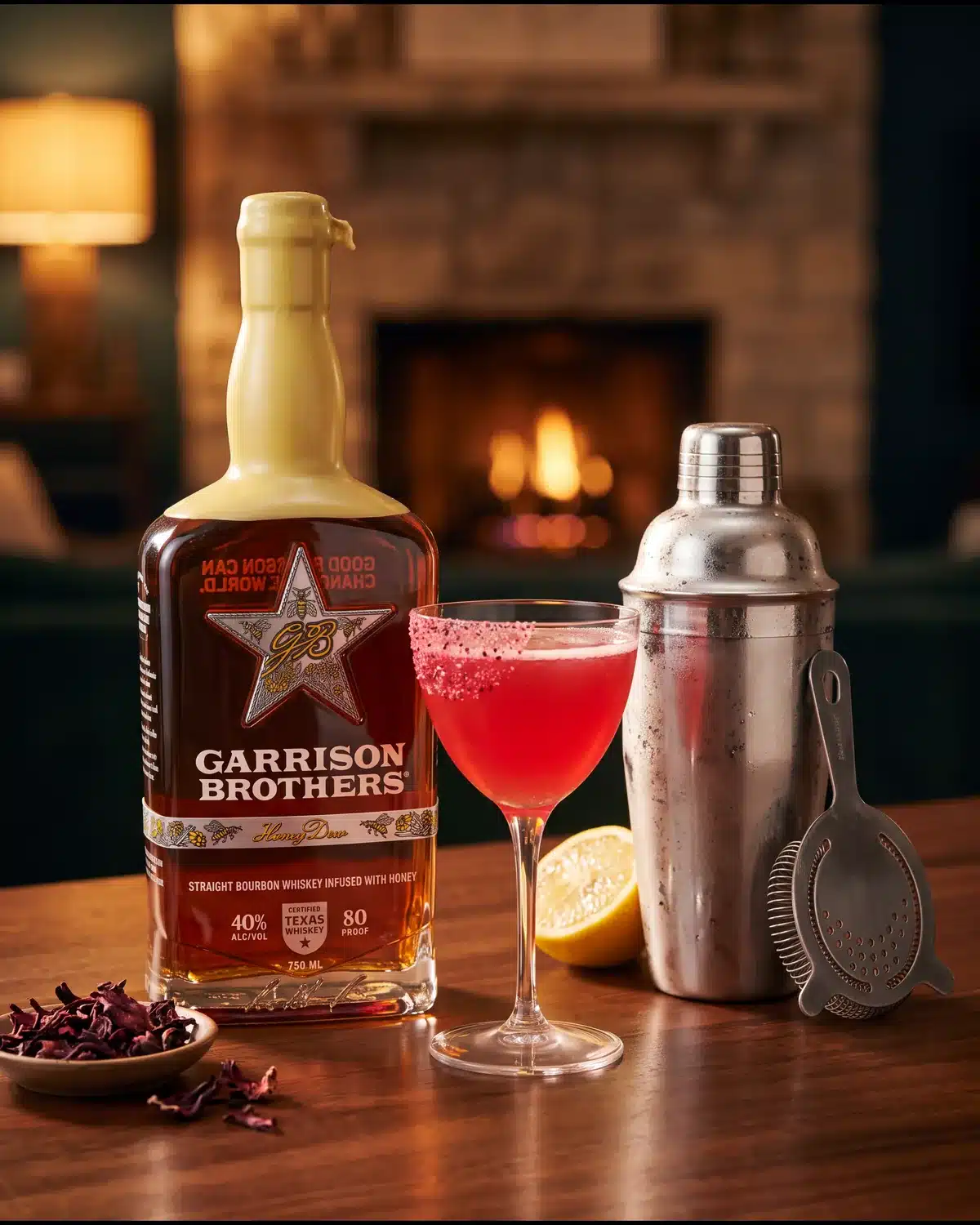 Born to Bee Wild bourbon cocktail by a stone fireplace with a bottle of Garrison Brothers HoneyDew Bourbon