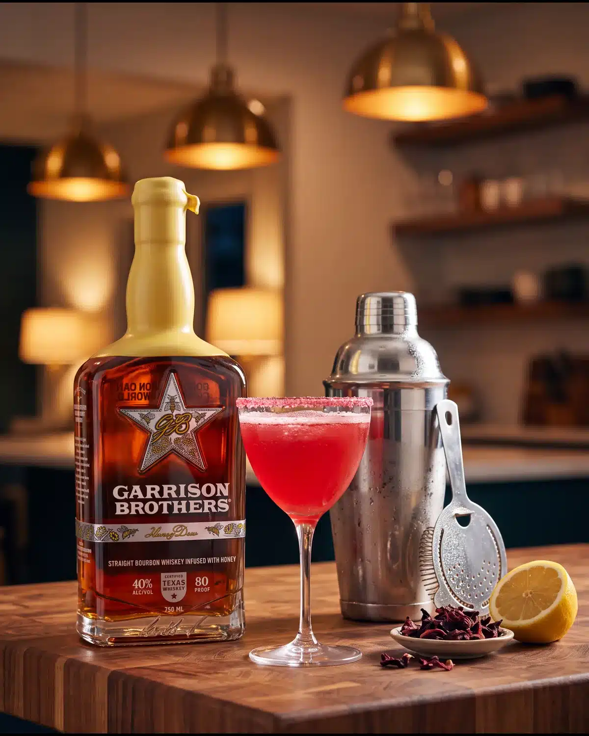 Born to Bee Wild bourbon cocktail on a kitchen counter with a bottle of Garrison Brothers HoneyDew Bourbon