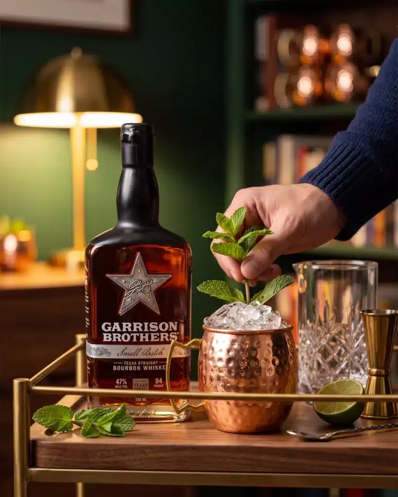 Garrison Brothers Mule bourbon cocktail on a home bar cart with a bottle of Garrison Brothers Small Batch Bourbon
