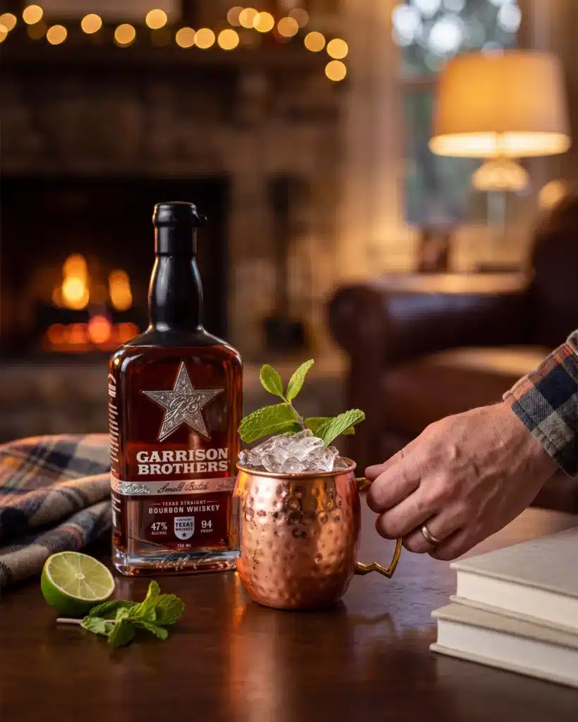Garrison Brothers Mule bourbon cocktail by a stone fireplace with a bottle of Garrison Brothers Small Batch Bourbon