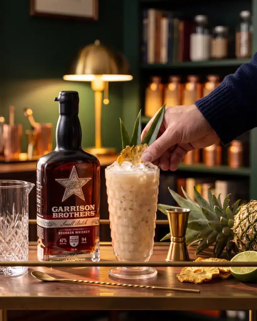 Hye Tai bourbon cocktail on a home bar cart with a bottle of Garrison Brothers Small Batch Bourbon