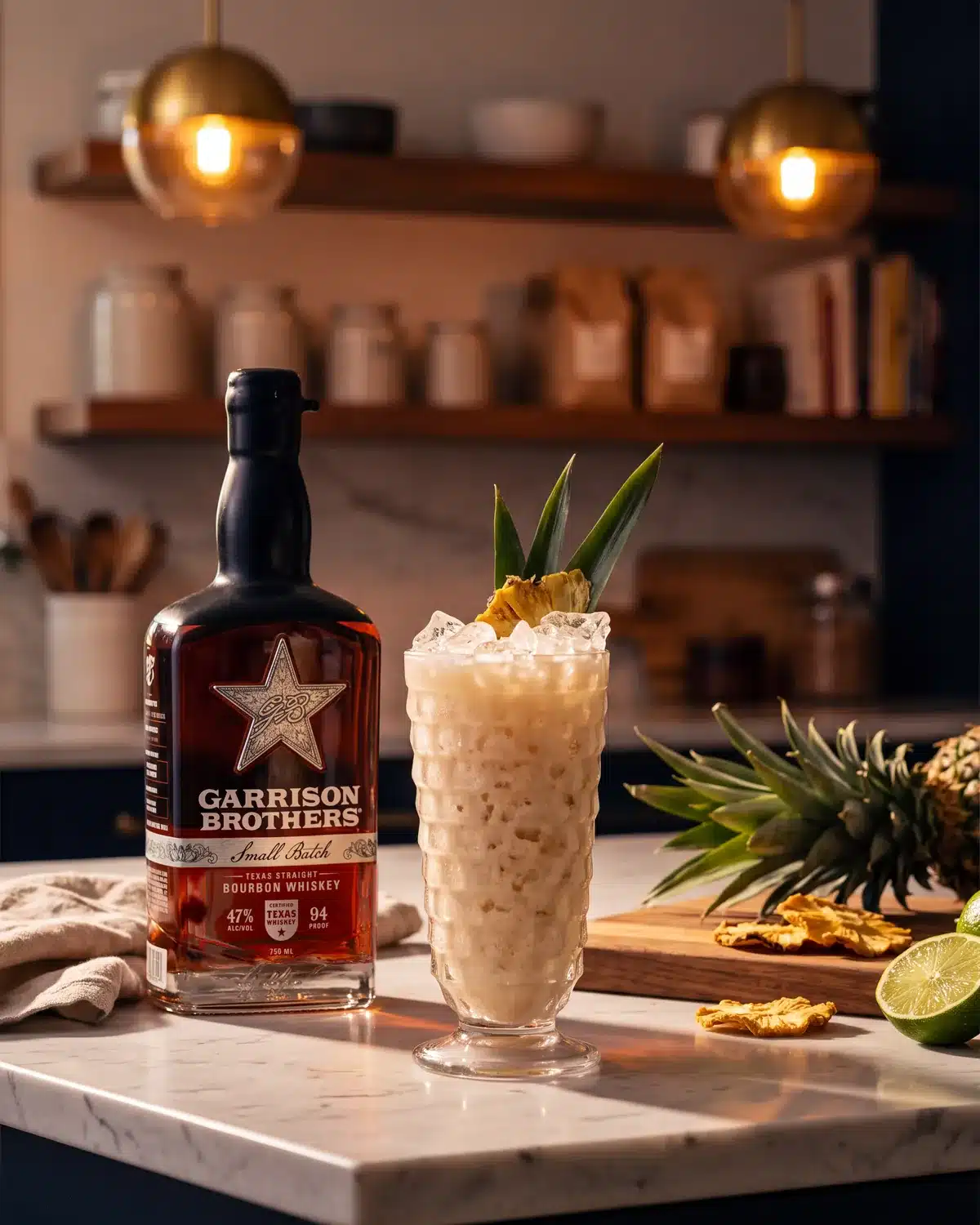 Hye Tai bourbon cocktail on a kitchen counter with a bottle of Garrison Brothers Small Batch Bourbon