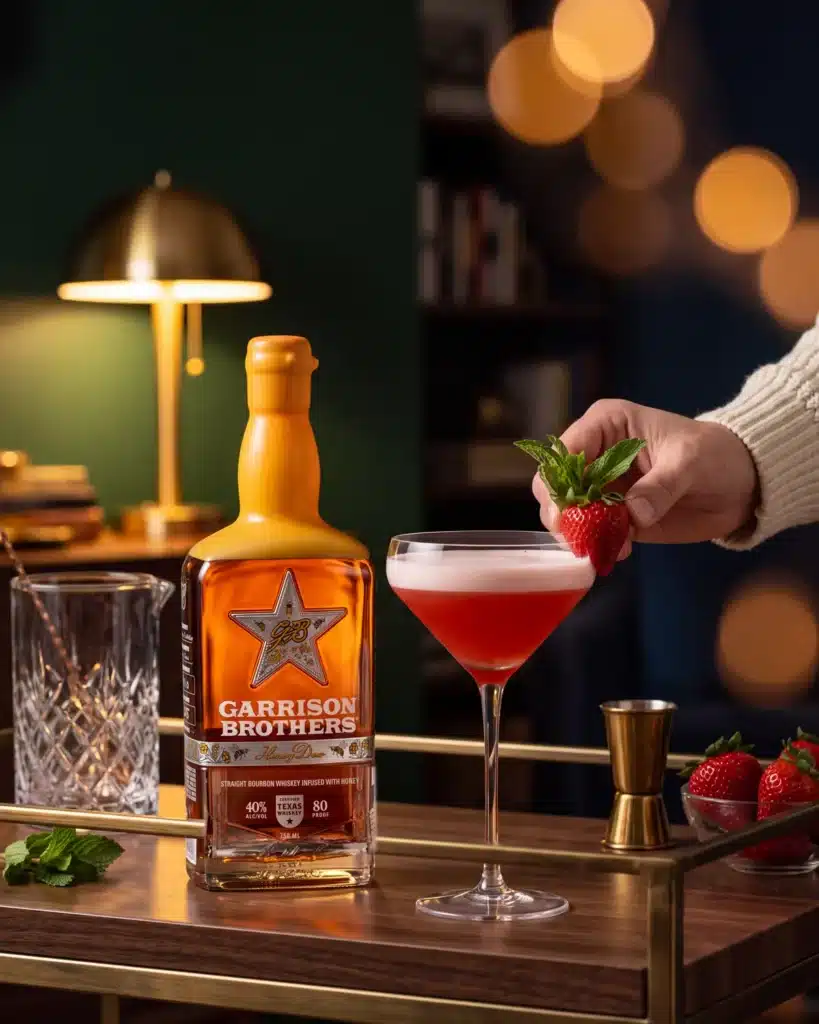Jet Set bourbon cocktail on a home bar cart with a bottle of Garrison Brothers HoneyDew Bourbon