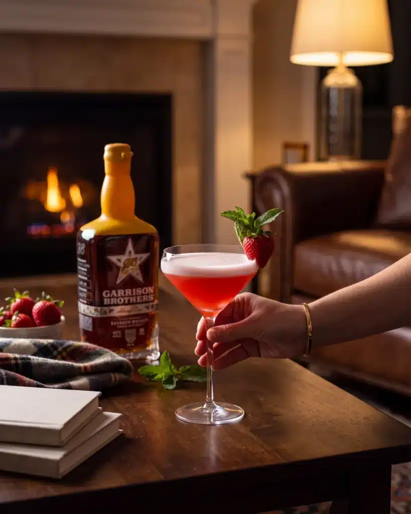 Jet Set bourbon cocktail by a stone fireplace with a bottle of Garrison Brothers HoneyDew Bourbon