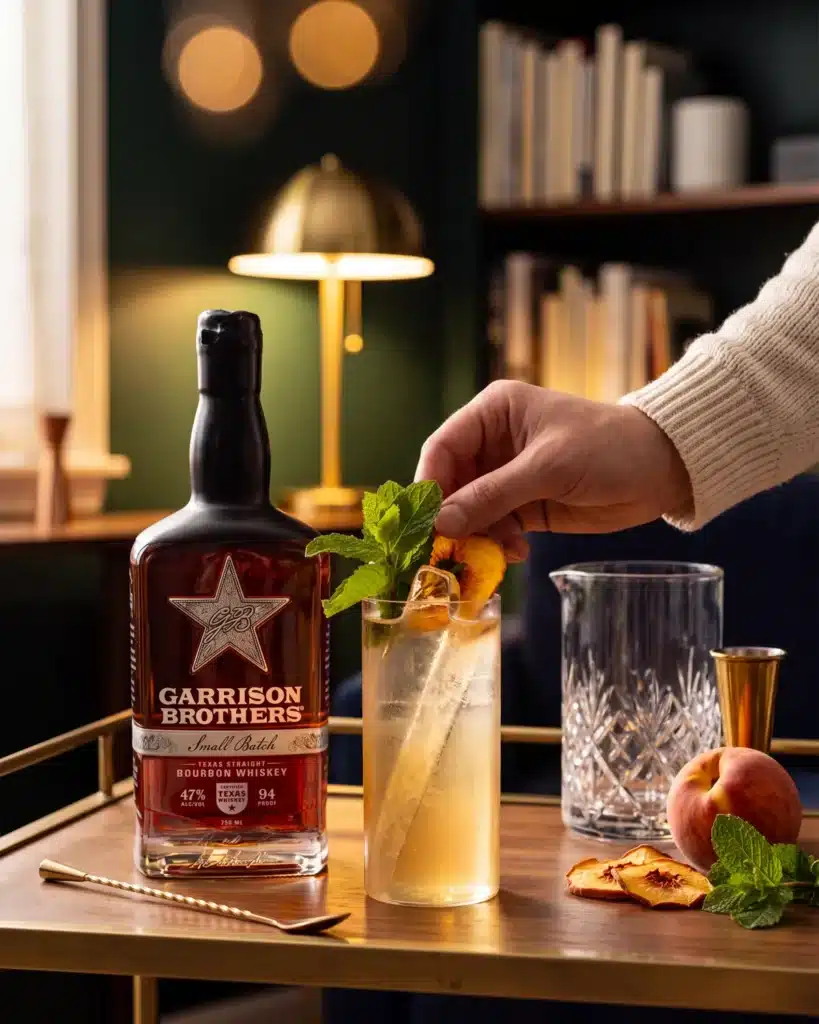 Just Peachy bourbon cocktail on a home bar cart with a bottle of Garrison Brothers Small Batch Bourbon