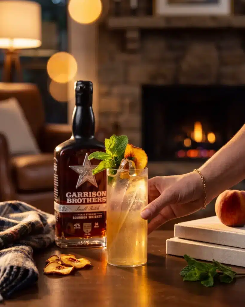 Just Peachy bourbon cocktail by a stone fireplace with a bottle of Garrison Brothers Small Batch Bourbon