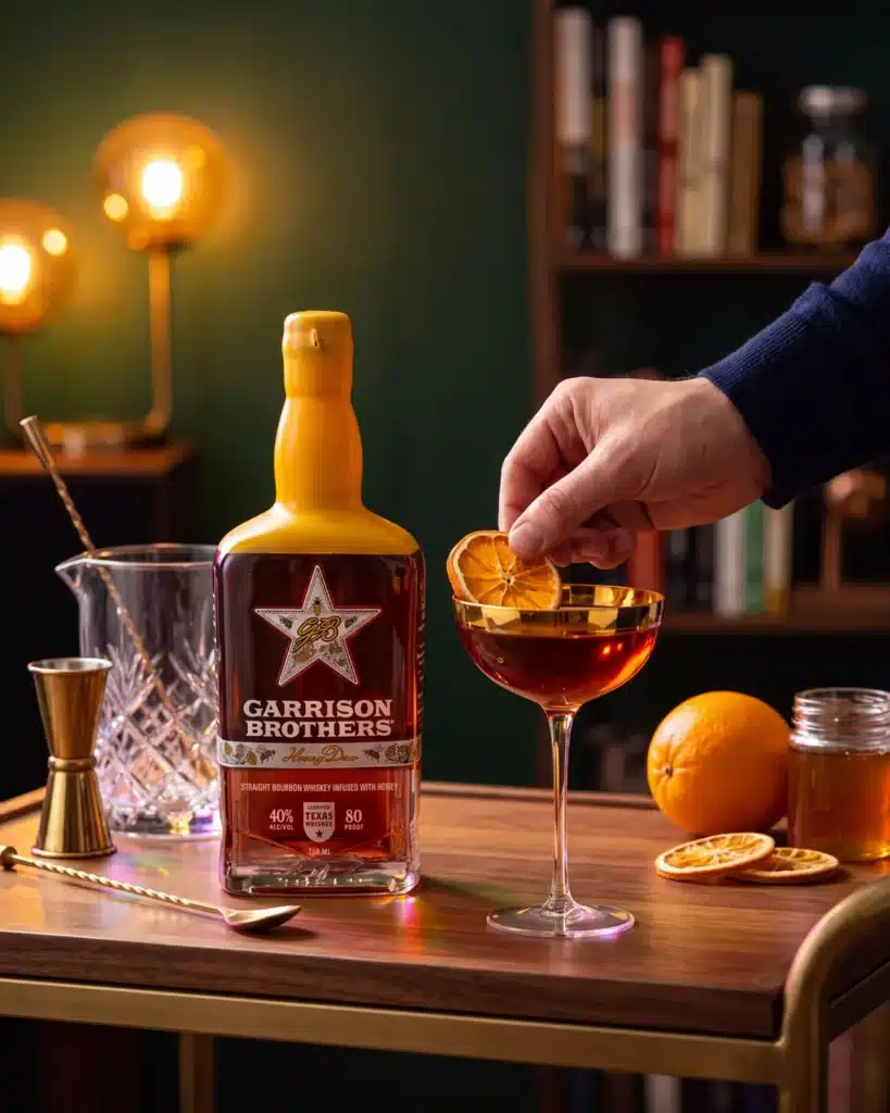 Meant to Bee bourbon cocktail on a home bar cart with a bottle of Garrison Brothers HoneyDew Bourbon