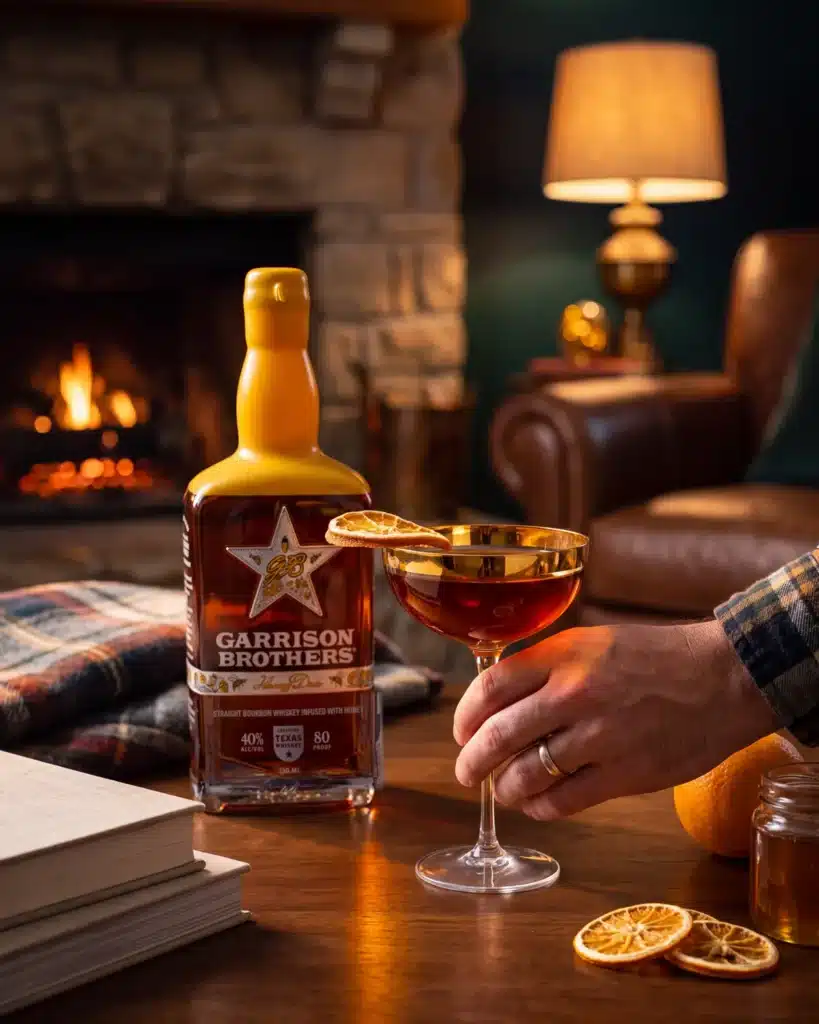 Meant to Bee bourbon cocktail by a stone fireplace with a bottle of Garrison Brothers HoneyDew Bourbon