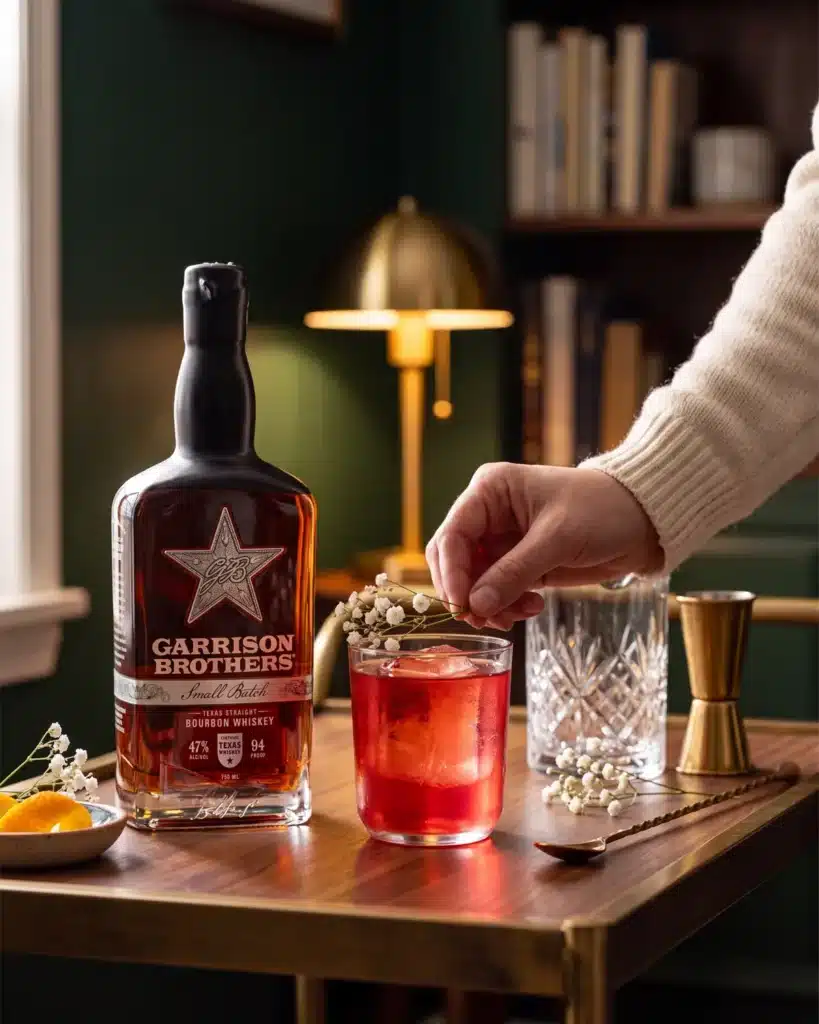 Old Fashioned Sloe-Cookin' bourbon cocktail on a home bar cart with a bottle of Garrison Brothers Small Batch Bourbon