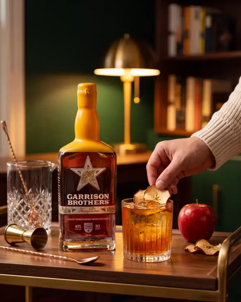 Bourbon Apple Betty bourbon cocktail on a home bar cart with a bottle of Garrison Brothers HoneyDew Bourbon