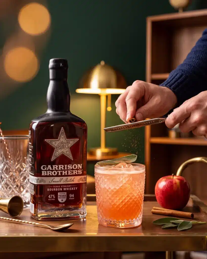 Candy Apple Ragtop bourbon cocktail on a home bar cart with a bottle of Garrison Brothers Small Batch Bourbon