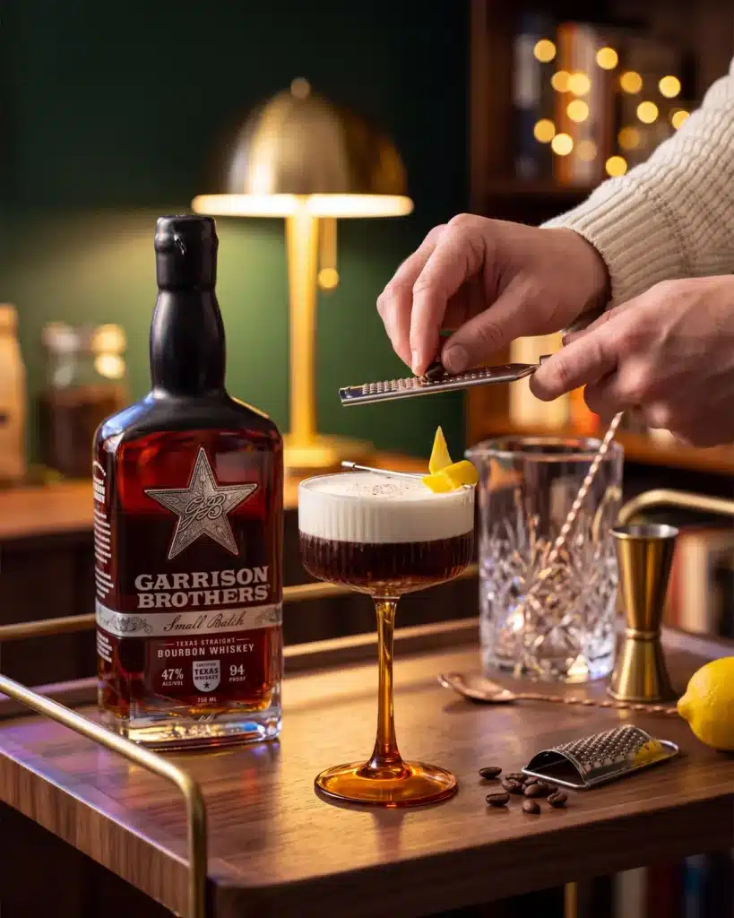 Livin' La Vida Mocha bourbon cocktail on a home bar cart with a bottle of Garrison Brothers Small Batch Bourbon