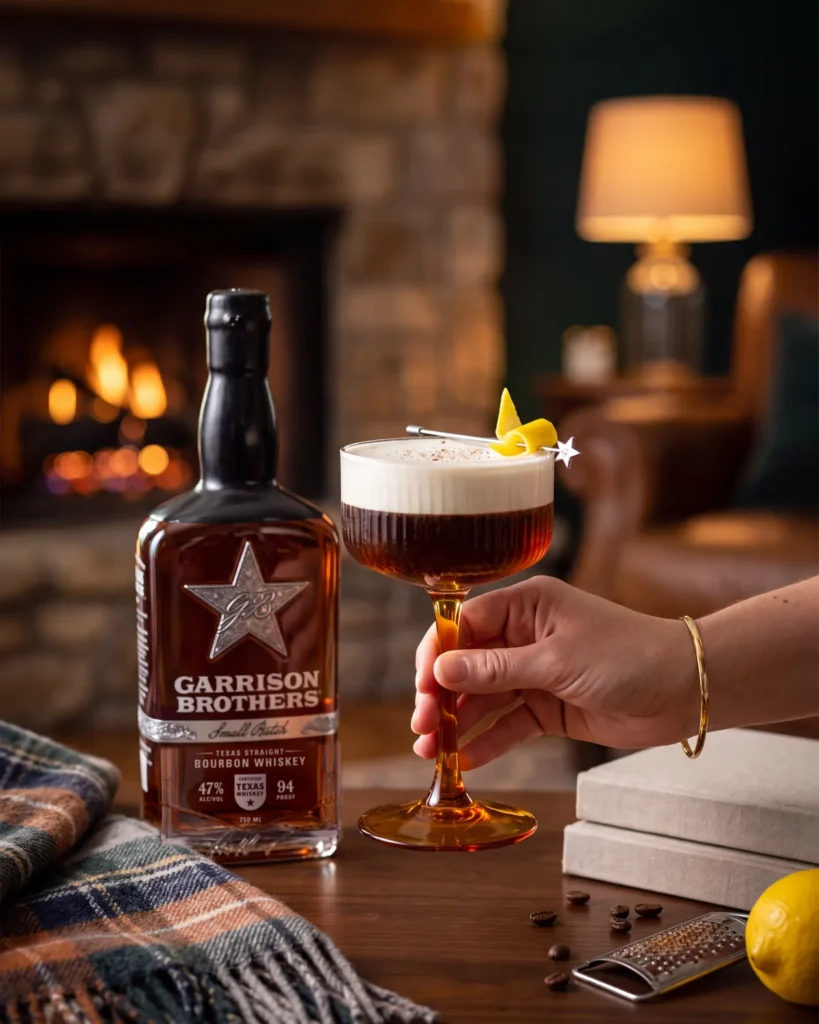 Livin' La Vida Mocha bourbon cocktail by a stone fireplace with a bottle of Garrison Brothers Small Batch Bourbon