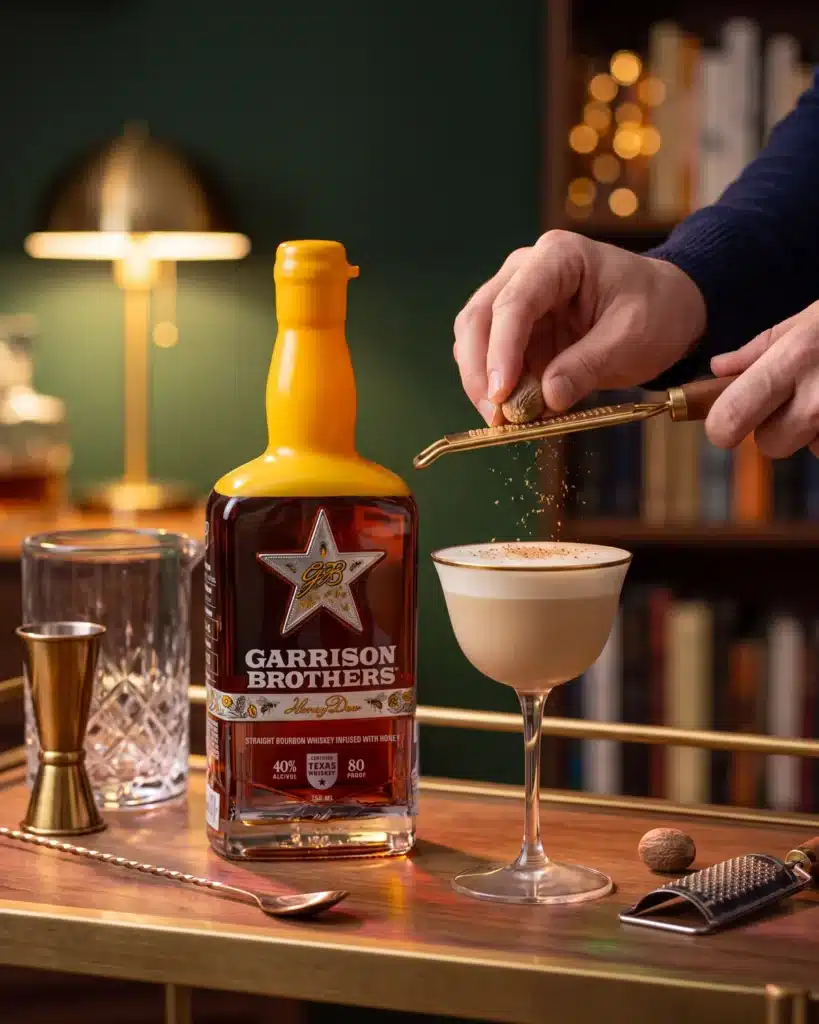 Nutty Buzzy bourbon cocktail on a home bar cart with a bottle of Garrison Brothers HoneyDew Bourbon