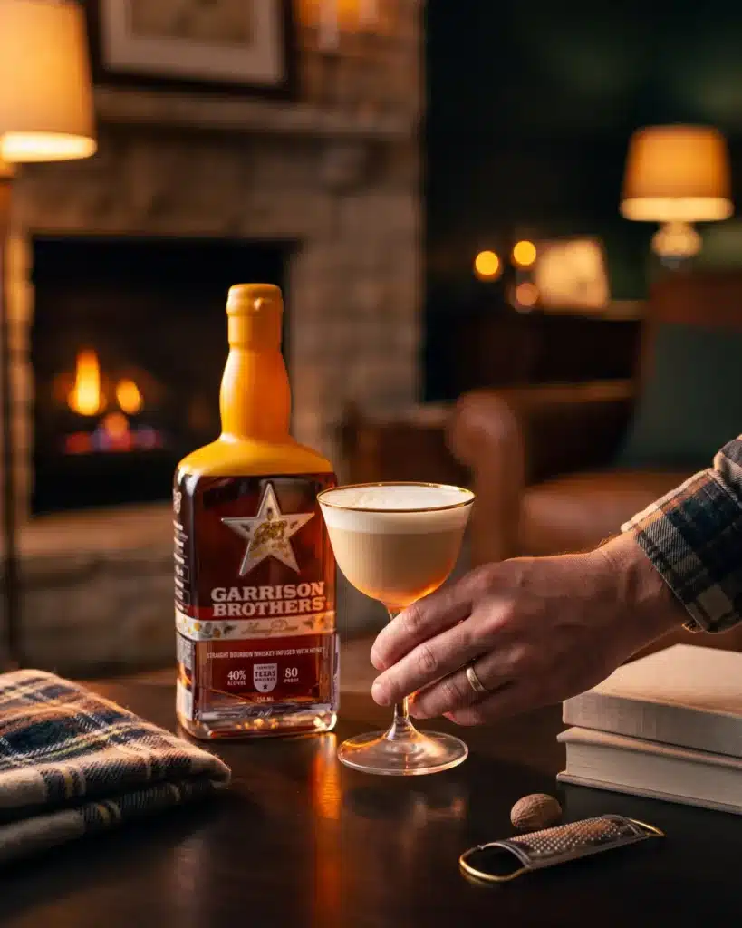 Nutty Buzzy bourbon cocktail by a stone fireplace with a bottle of Garrison Brothers HoneyDew Bourbon