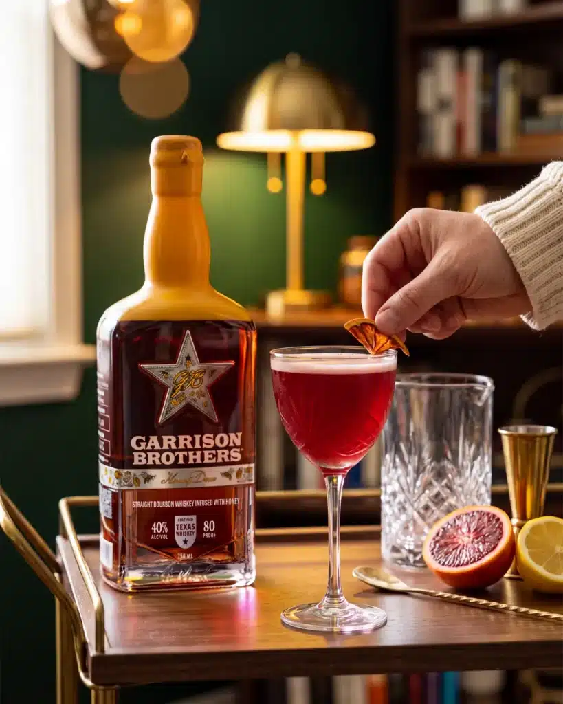 Texas Sunset bourbon cocktail on a home bar cart with a bottle of Garrison Brothers HoneyDew Bourbon