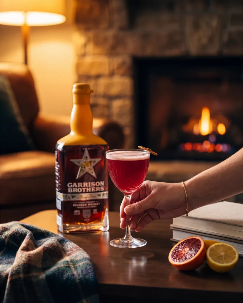 Texas Sunset bourbon cocktail by a stone fireplace with a bottle of Garrison Brothers HoneyDew Bourbon