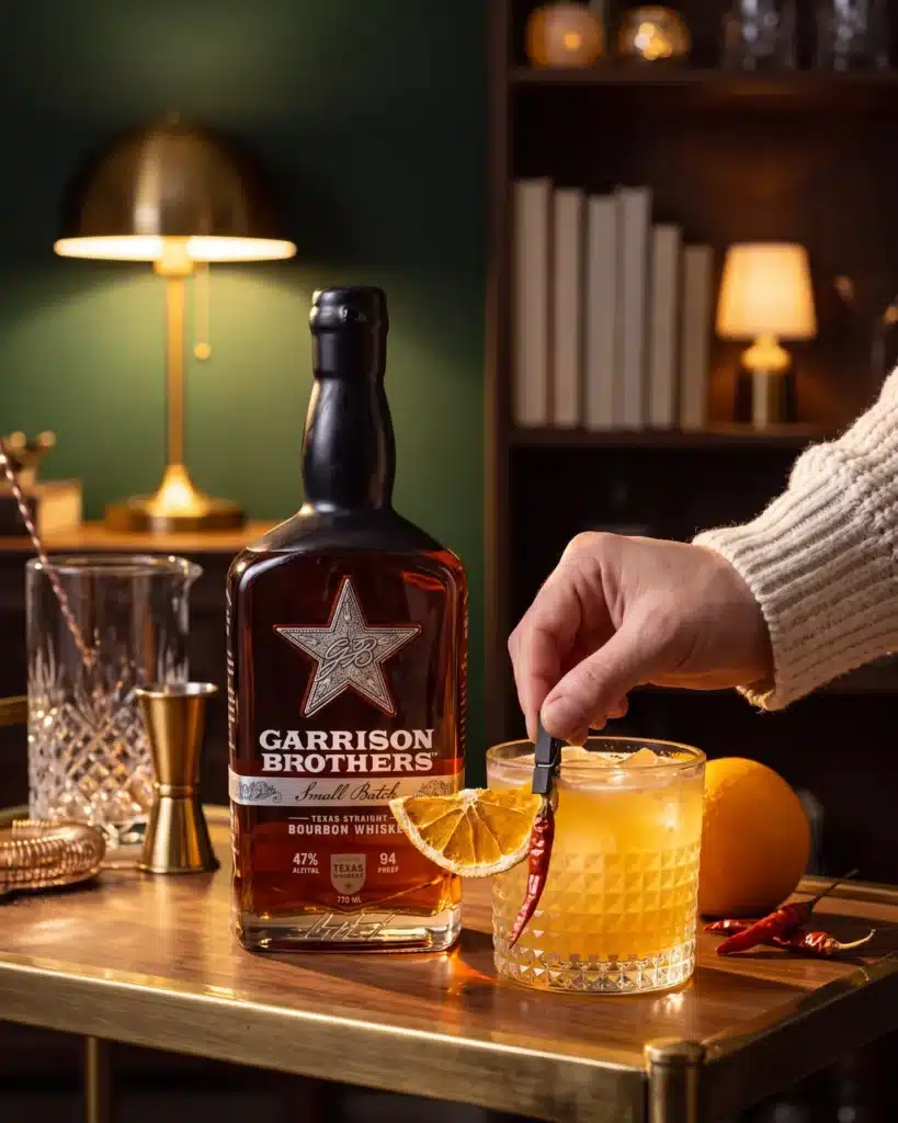 Texas Truffle bourbon cocktail on a home bar cart with a bottle of Garrison Brothers Small Batch Bourbon