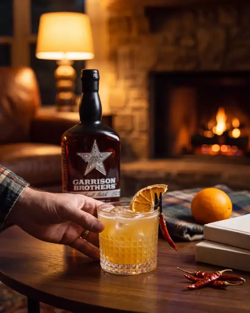 Texas Truffle bourbon cocktail by a stone fireplace with a bottle of Garrison Brothers Small Batch Bourbon